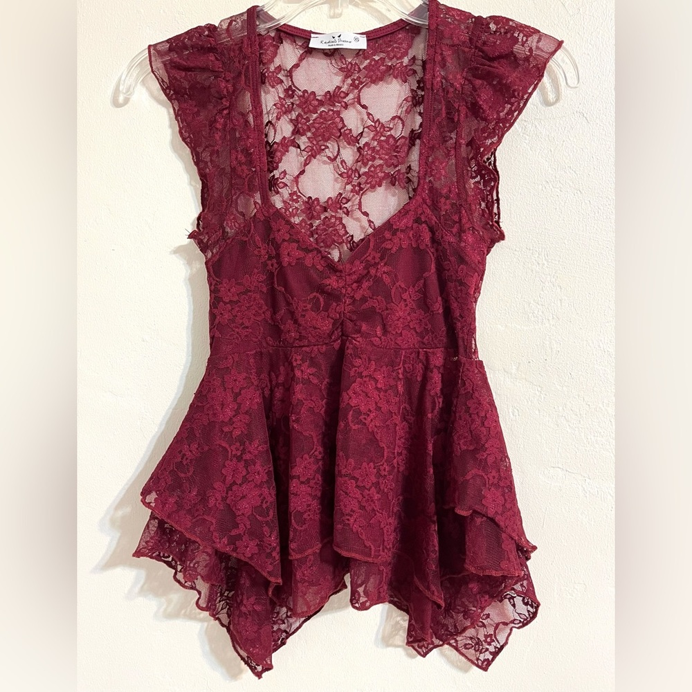 Lace Peplum Babydoll Blouse Burgundy Red Fairy Flowy Feminine handkerchief hem